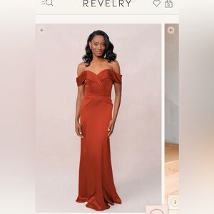 Revelry Bardot Satin Dress in Rust